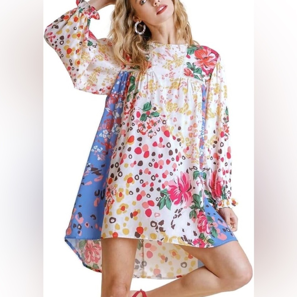 Umgee mixed print floral animal print polka dot balloon sleeve dress size small